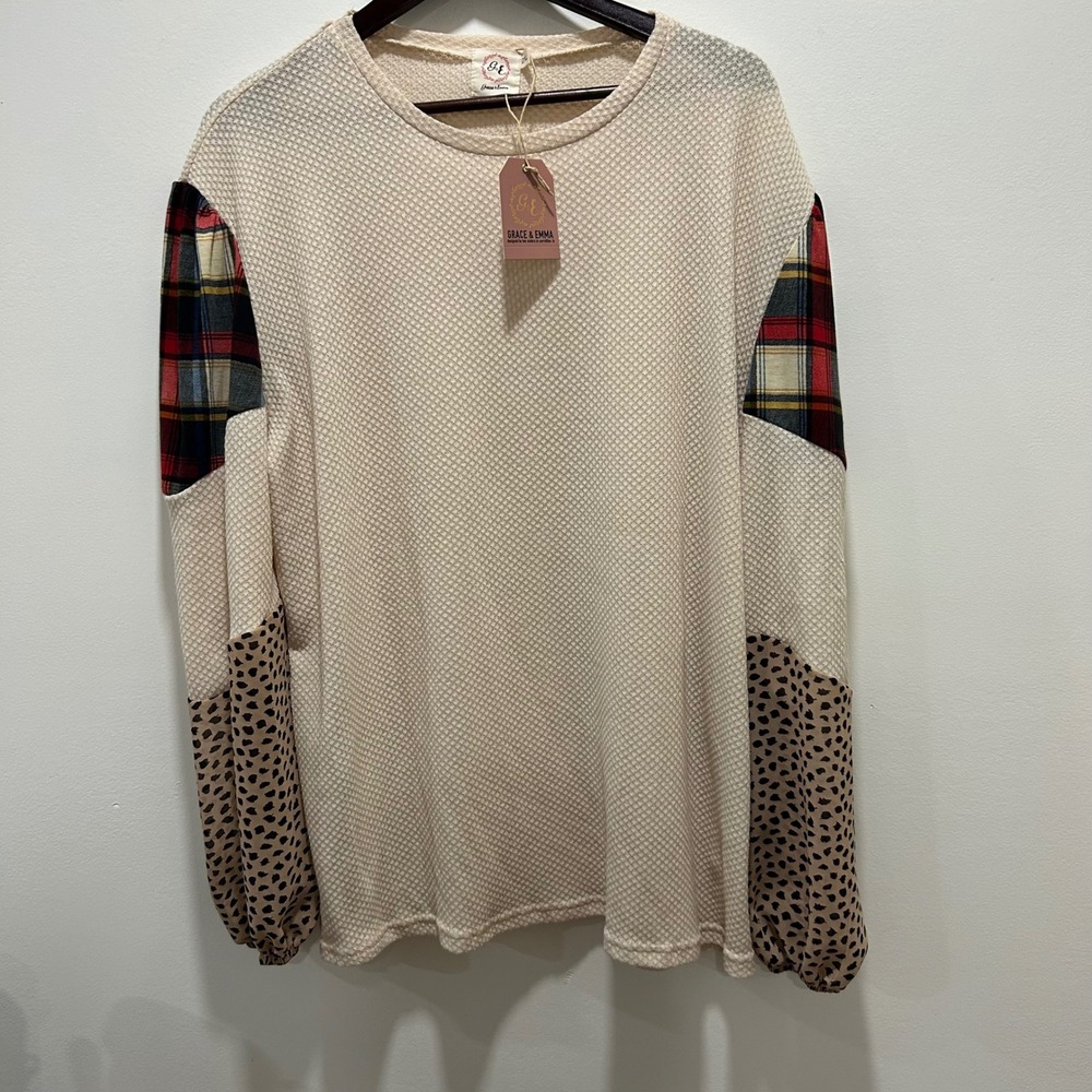 Grace & Emma Womens‎ 2XL Long Sleeve Top Plaid Leopard Print Waffle Knit